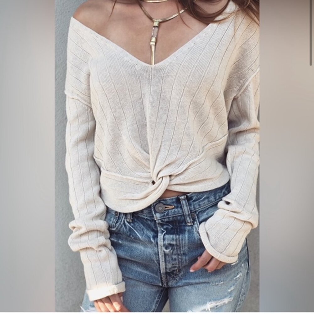 Free People Cream Twisted Linen/Cotton Blend Knit Sweater NWT